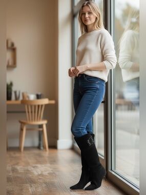 Strimma Women's Black Suede Low Heel 2” Knee Tall Boots Size EU 38 US 7.5